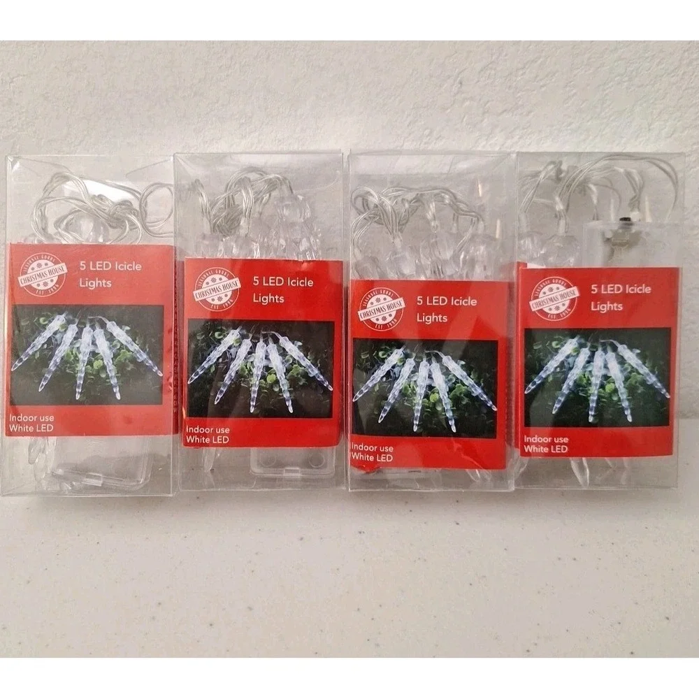 4 X Christmas House 5-Ct. Ea. LED Icicle String Lights - Indoor White LED NEW